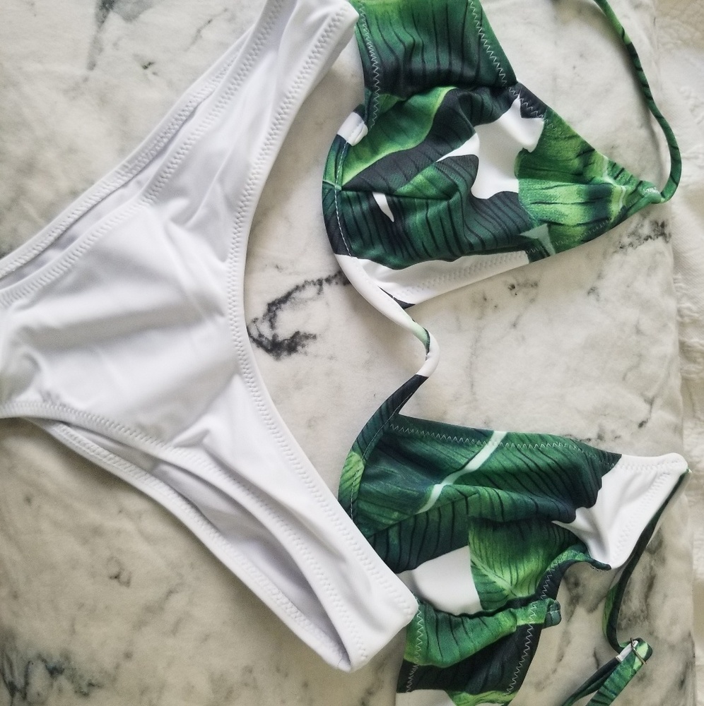 Palm leaf top and white bikini bottom